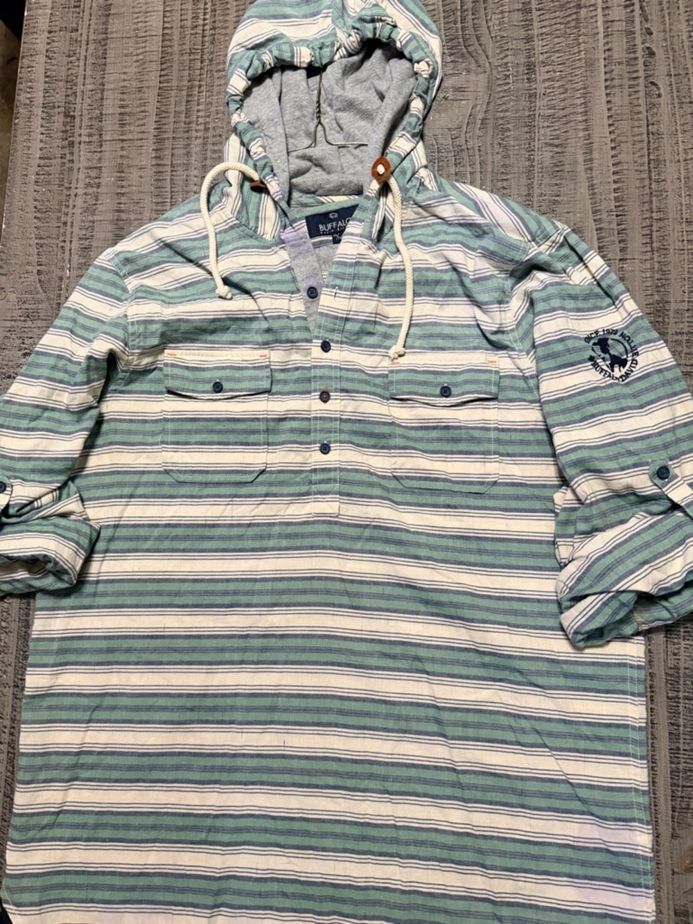Buffalo David Bitton Men’s Green & White Striped Hooded Shirt